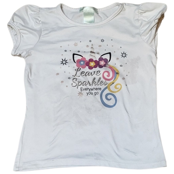 Kids White and Pink Sparkle Unicorn Short Sleeve Tee Soft Fabric - Size 6 - Picture 1 of 4